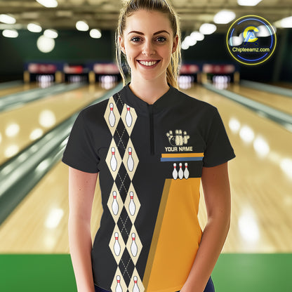 Black and Yellow Retro Bowling Polo, Quarter Zip shirt for Women Custom vintage team bowling jersey NQS10707