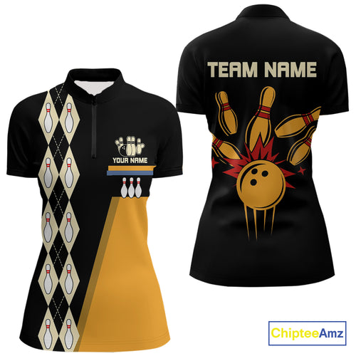 Black and Yellow Retro Bowling Polo, Quarter Zip shirt for Women Custom vintage team bowling jersey NQS10707