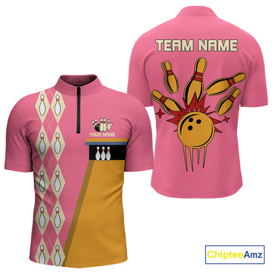 Pink and Yellow Retro Bowling Polo, Quarter Zip shirt for Men Custom vintage team bowling jersey NQS10708