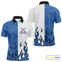 Load image into Gallery viewer, White and Blue Camo Flame Mens Golf Polo Shirt Custom golf attire for men, personalized golf gifts NQS10709
