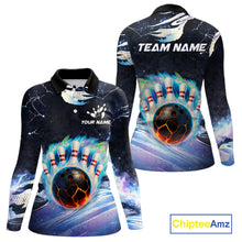 Load image into Gallery viewer, Blue hologram flame Bowling polo, 1/4 zip Shirts for Women Custom Bowling Team jerseys NQS11295