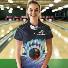 Load image into Gallery viewer, Blue hologram flame Bowling polo, 1/4 zip Shirts for Women Custom Bowling Team jerseys NQS11295