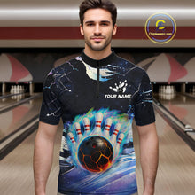 Load image into Gallery viewer, Blue hologram flame Bowling polo, 1/4 zip Shirts for Men Custom Bowling Team jerseys NQS11295