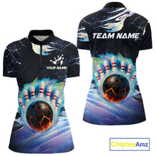 Load image into Gallery viewer, Blue hologram flame Bowling polo, 1/4 zip Shirts for Women Custom Bowling Team jerseys NQS11295