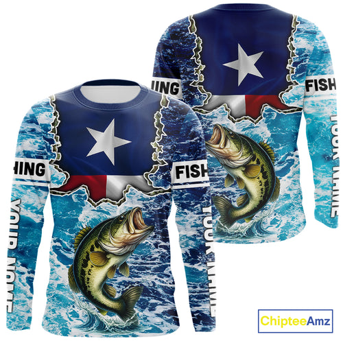 Texas Bass Fishing blue ocean camo custom Largemouth Bass long sleeves performance fishing shirts NQS9999