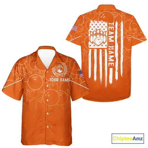 Orange bowling camo Bowling Hawaiian Shirt Custom American flag patriotic bowling team league jerseys NQS10715
