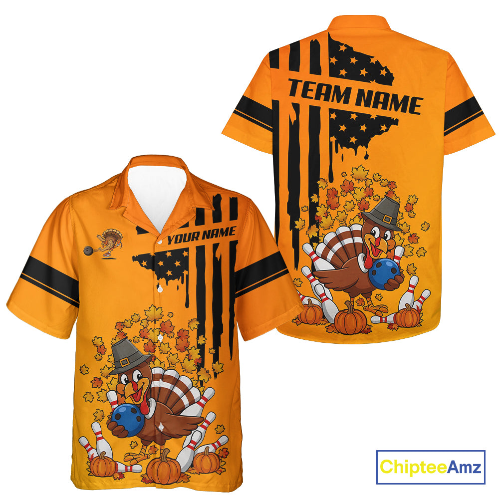 Personalized American Flag Turkey Autumn Bowling Hawaiian Shirt, Thanksgiving Bowling Team Uniform NQS10721