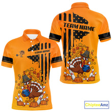 Load image into Gallery viewer, Personalized American Flag Turkey Autumn Bowling Shirts For Men, Thanksgiving Bowling Team Uniform NQS10721