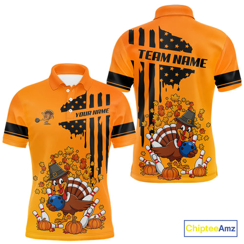 Personalized American Flag Turkey Autumn Bowling Shirts For Men, Thanksgiving Bowling Team Uniform NQS10721