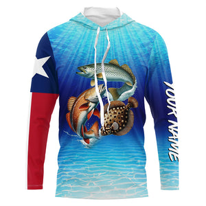 Personalized Texas Slam Redfish, trout, flounder Long Sleeve Performance Texas flag Fishing Shirt NQS6678