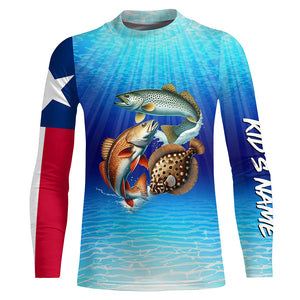 Personalized Texas Slam Redfish, trout, flounder Long Sleeve Performance Texas flag Fishing Shirt NQS6678