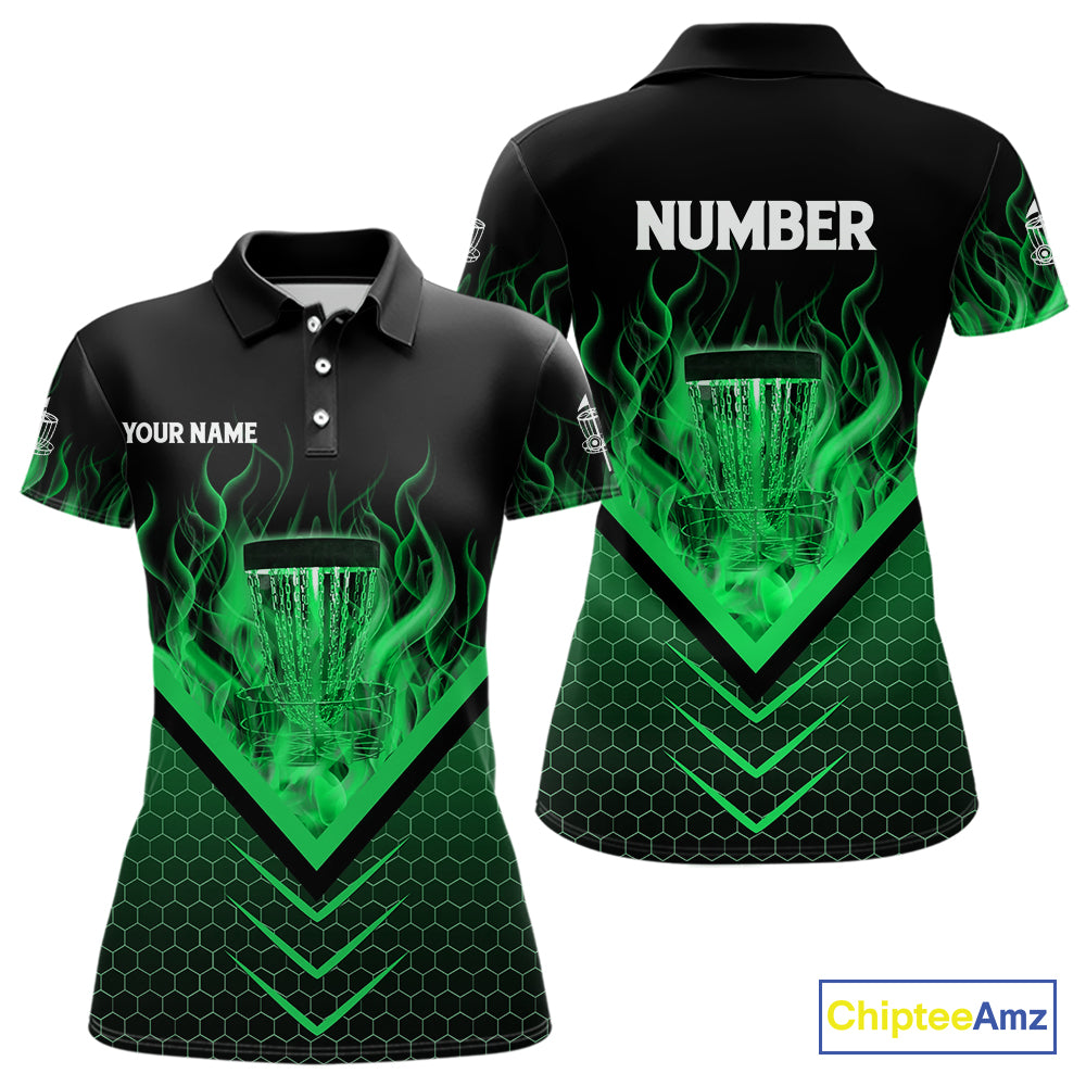 Black & Green Fire Women Disc golf polo shirts custom flame disc golf basket jersey, disc golf shirt NQS10923