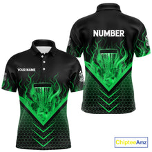 Load image into Gallery viewer, Black and Green Fire Mens Disc golf polo shirts custom flame disc golf basket jersey, disc golf shirt NQS10923