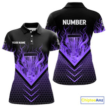 Load image into Gallery viewer, Black &amp; Purple Fire Women Disc golf polo shirts custom flame disc golf basket jersey, disc golf shirt NQS10924