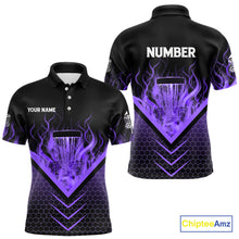 Load image into Gallery viewer, Black and Purple Fire Mens Disc golf polo shirt custom flame disc golf basket jersey, disc golf shirt NQS10924
