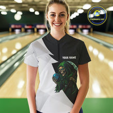 Load image into Gallery viewer, Black and White Funny Skull reaper Bowling Polo, 1/4 Zip Shirts For Women Custom Team Bowling Jersey NQS11100