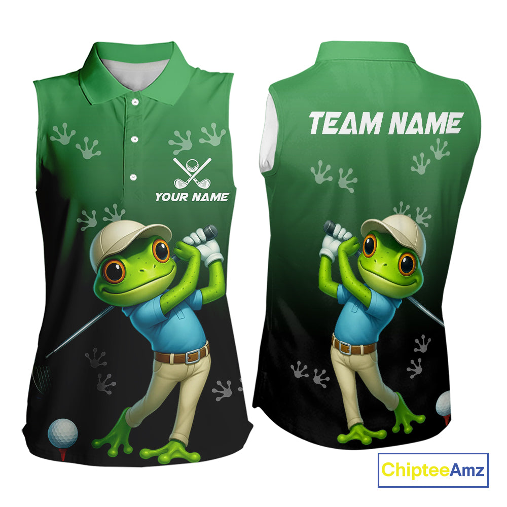 Funny Frog Green Sleeveless Golf polo shirt for Women Custom ladies golf top, personalized golf gifts NQS11104