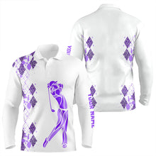 Load image into Gallery viewer, Purple Leopard argyle pattern white Men golf polo shirts custom golf wear for men, unique golf gifts NQS9737