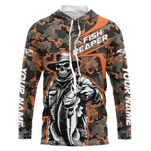 Load image into Gallery viewer, Custom Fish Reaper Skull Bass Long Sleeve Fishing Shirt, Bass Hunter Fishing Jerseys | Orange Camo IPHW6507