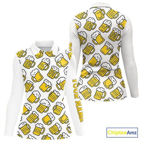 Funny Yellow beer pattern Women golf polo shirts custom fun golf shirts, cool golf gifts NQS10301