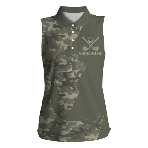 Green Camo Women sleeveless polo shirt Custom golf attire for ladies, personalized golfer gifts NQS8537