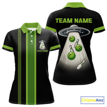 Load image into Gallery viewer, Black and Green ufo alien Retro Bowling Polo, Quarter Zip Shirts for Women Custom Bowling Team Jersey NQS10727