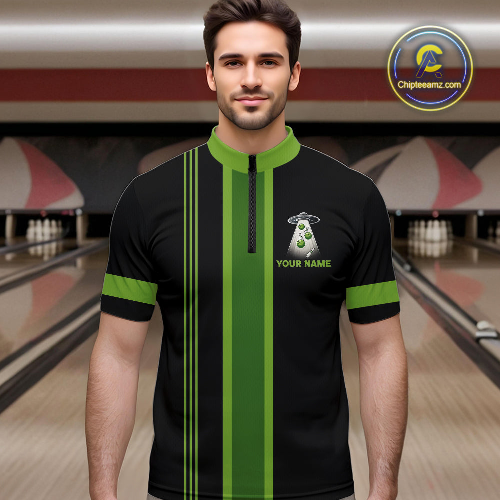 Black and Green ufo alien Retro Bowling Polo, Quarter Zip Shirts for men Custom Bowling Team Jersey NQS10727