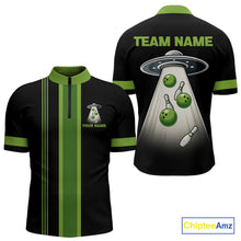 Load image into Gallery viewer, Black and Green ufo alien Retro Bowling Polo, Quarter Zip Shirts for men Custom Bowling Team Jersey NQS10727