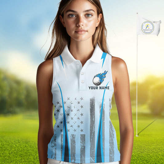 Blue American Flag Women Sleeveless Polo Shirt custom ladies's patriotic golf shirts, best golf gifts NQS10934