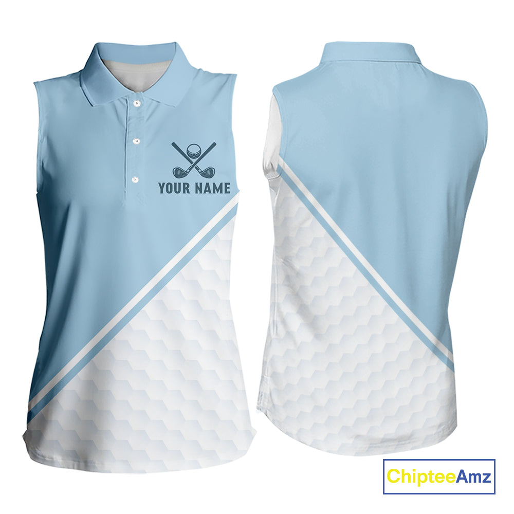 Light Blue and White Sleeveless Golf polo shirt Custom ladies's golf outfit, unique golf gifts NQS11112