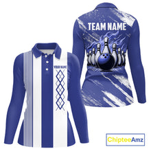 Load image into Gallery viewer, Blue and White Argyle Flame bowling Women Polo, 1/4 Quarter Zip Shirts Custom bowling team jerseys NQS11312