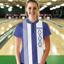 Load image into Gallery viewer, Blue and White Argyle Flame bowling Women Polo, 1/4 Quarter Zip Shirts Custom bowling team jerseys NQS11312