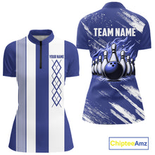 Load image into Gallery viewer, Blue and White Argyle Flame bowling Women Polo, 1/4 Quarter Zip Shirts Custom bowling team jerseys NQS11312