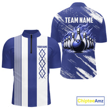 Load image into Gallery viewer, Blue and White Argyle Flame bowling Men Polo, 1/4 Quarter Zip Shirts Custom bowling team jerseys NQS11312