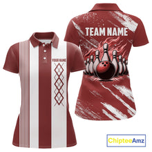 Load image into Gallery viewer, Red and White retro Argyle Flame bowling Women Polo, 1/4 Quarter Zip Shirt Custom bowling team jersey NQS11313
