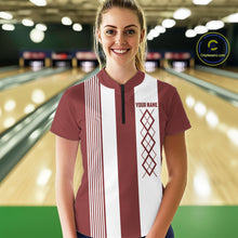 Load image into Gallery viewer, Red and White retro Argyle Flame bowling Women Polo, 1/4 Quarter Zip Shirt Custom bowling team jersey NQS11313