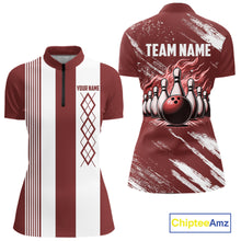 Load image into Gallery viewer, Red and White retro Argyle Flame bowling Women Polo, 1/4 Quarter Zip Shirt Custom bowling team jersey NQS11313