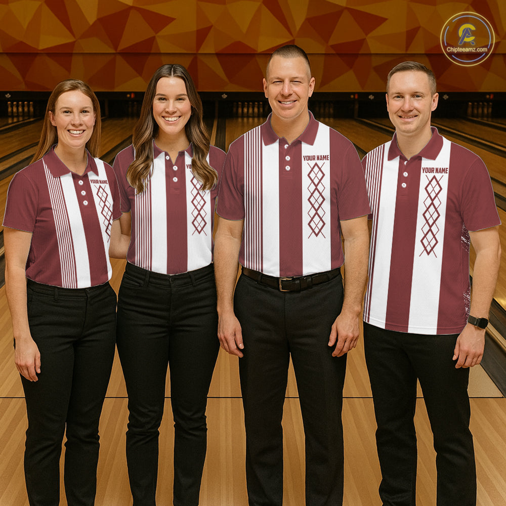 Red and White retro Argyle Flame bowling Women Polo, 1/4 Quarter Zip Shirt Custom bowling team jersey NQS11313