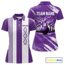 Load image into Gallery viewer, Purple &amp; White retro Argyle Flame bowling Women Polo, 1/4 Zip Shirts Custom bowling team jersey NQS11314