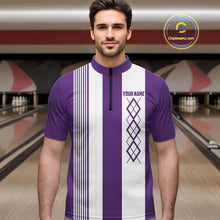 Load image into Gallery viewer, Purple &amp; White retro Argyle Flame bowling Men Polo, 1/4 Quarter Zip Shirts Custom bowling team jersey NQS11314