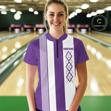 Load image into Gallery viewer, Purple &amp; White retro Argyle Flame bowling Women Polo, 1/4 Zip Shirts Custom bowling team jersey NQS11314