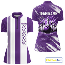 Load image into Gallery viewer, Purple &amp; White retro Argyle Flame bowling Women Polo, 1/4 Zip Shirts Custom bowling team jersey NQS11314