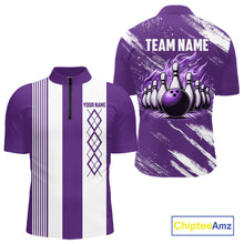 Load image into Gallery viewer, Purple &amp; White retro Argyle Flame bowling Men Polo, 1/4 Quarter Zip Shirts Custom bowling team jersey NQS11314