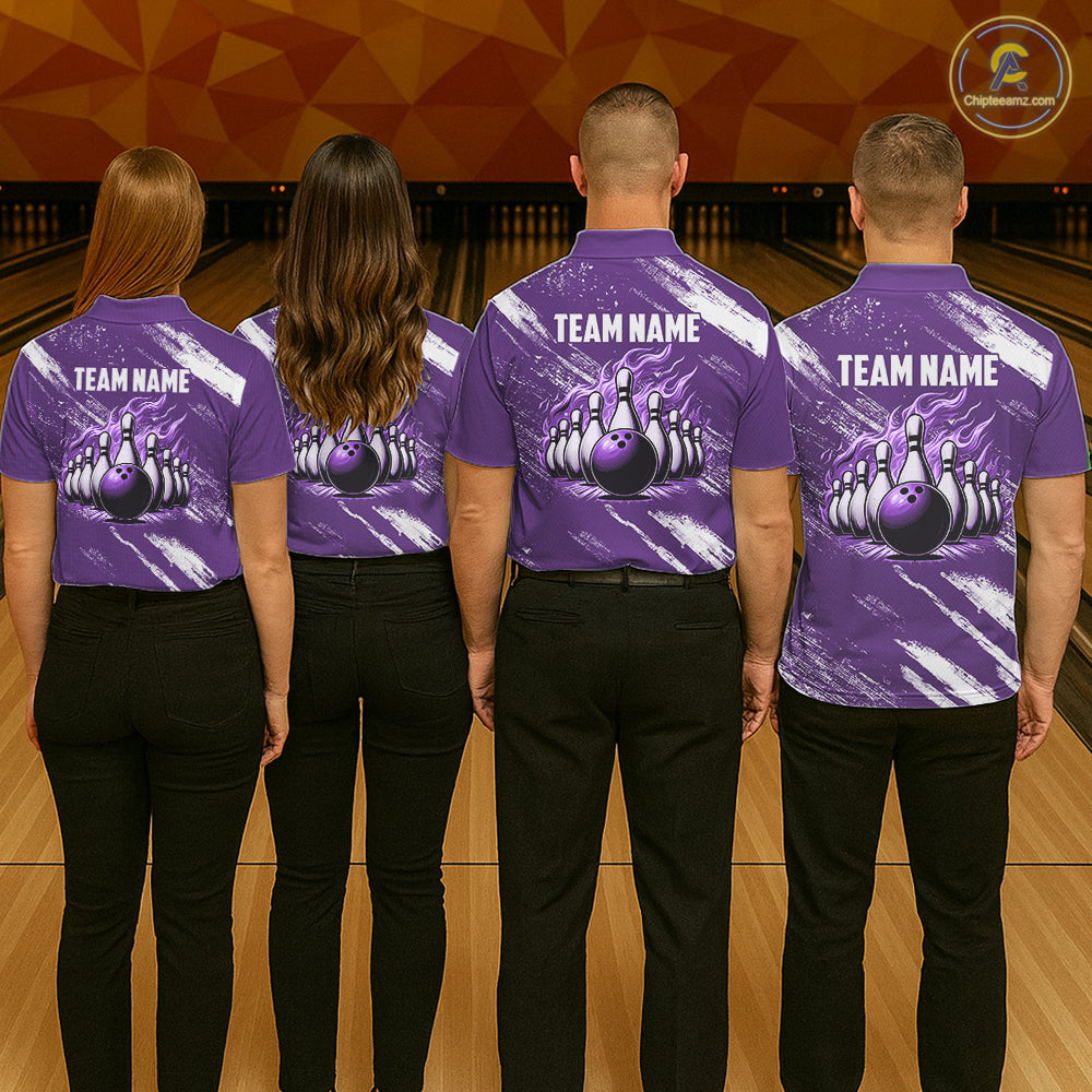 Purple & White retro Argyle Flame bowling Women Polo, 1/4 Zip Shirts Custom bowling team jersey NQS11314