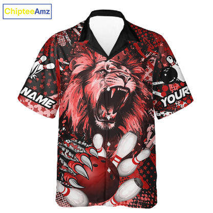 Red Camo Lion roar Bowling Hawaiian Shirt Custom Lion Bowling Team button up shirts NQS11523