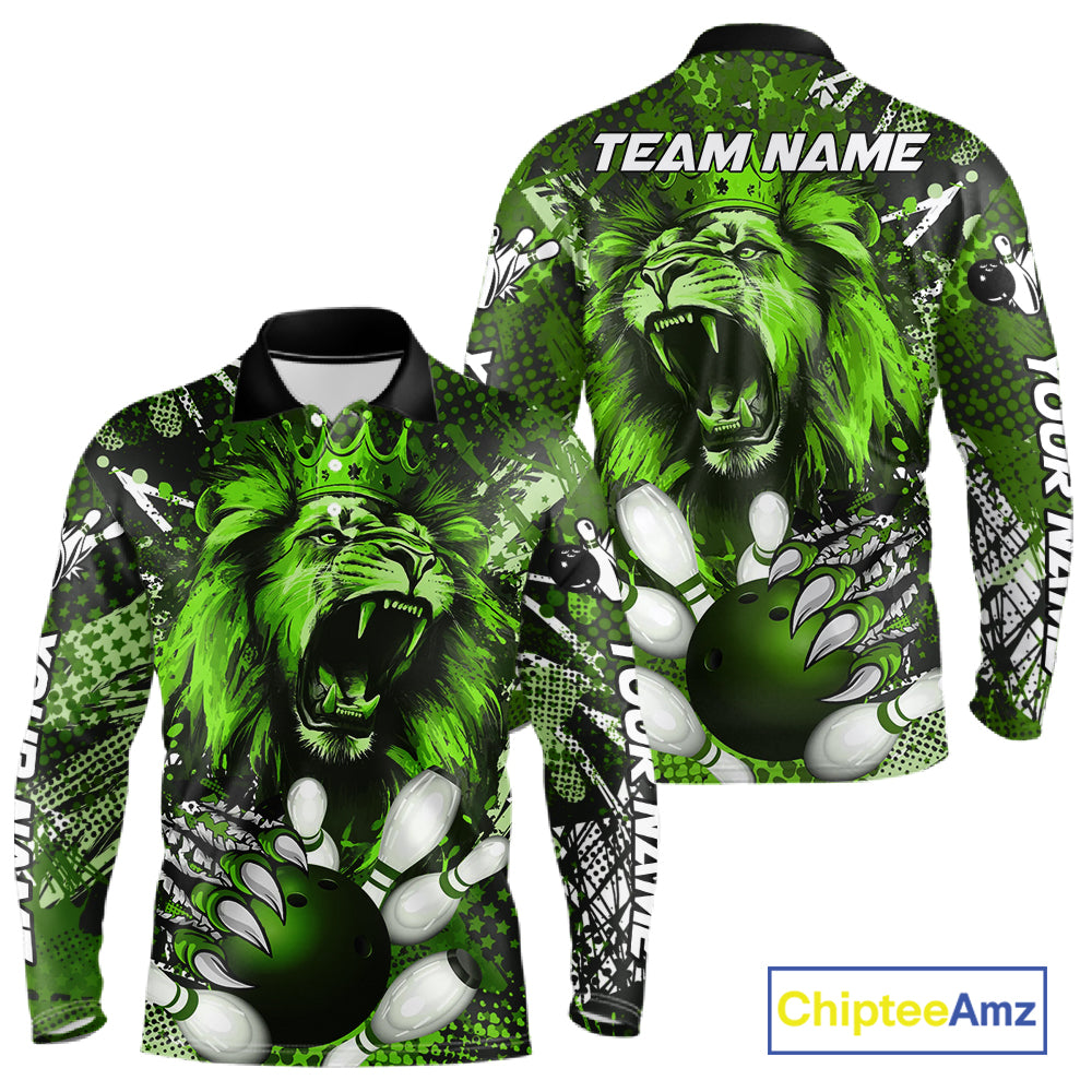 Green Camo Lion roar Bowling Polo, Quarter Zip Shirts for Men Custom Lion Bowling Team jerseys NQS11524