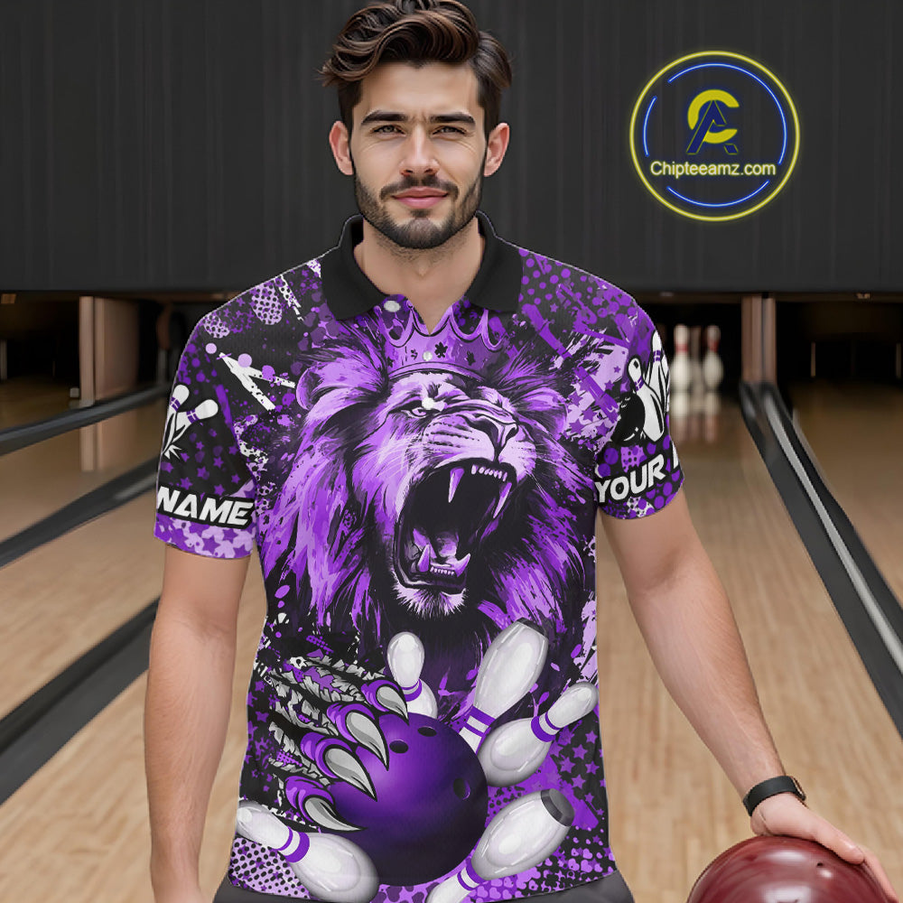 Purple Camo Lion roar Bowling Polo, Quarter Zip Shirts for Men Custom Lion Bowling Team jerseys NQS11525