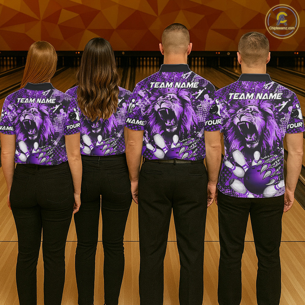 Purple Camo Lion roar Bowling Polo, Quarter Zip Shirts for Women Custom Lion Bowling Team jerseys NQS11525