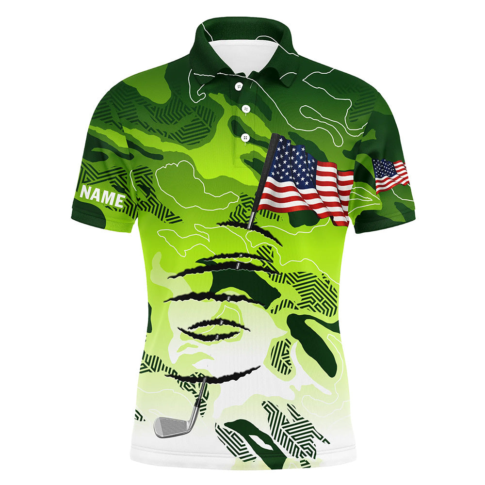 Personalized green camo golf polos shirt for men American flag 4th July custom gifts for golf lovers NQS5549