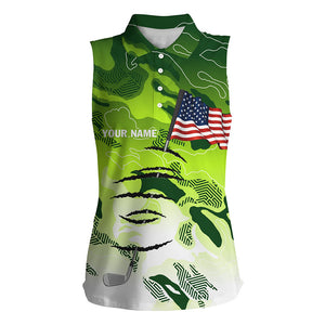 Personalized green camo sleeveless polo shirt for women American flag 4th July custom golfing gifts NQS5549